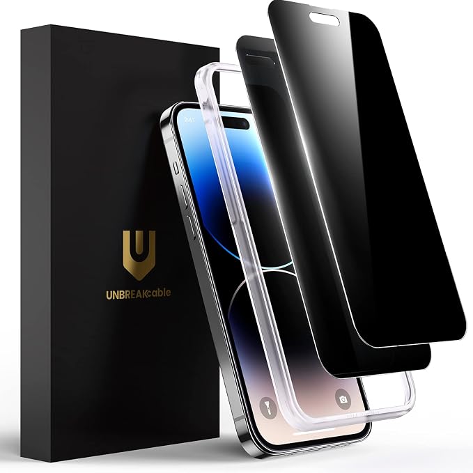 UNBREAKcable Privacy Screen Protector for iPhone 14 Pro, 2-Pack | True 28° Anti-Spy, Shatterproof Tempered Glass, 9H Hardness, Easy Install, Bubble-Free, Anti-Scratch, Case Friendly by UNBREAKcable