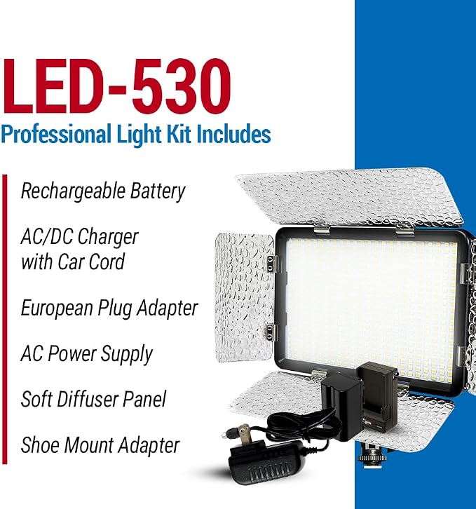 Vidpro LED-530 Photo and Video Light Kit - On Camera Panel LED Light - Adjustable and Dimmable 3200K-5600K Variable Color Light Fits Cameras w/Hot Shoe Includes Rechargeable Battery Diffuser - Image 4