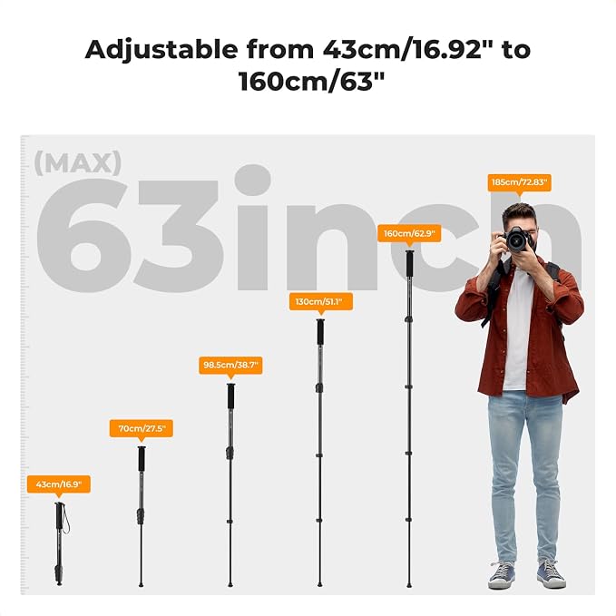 K&F CONCEPT Camera Monopod, 63" Aluminum Photography Monopod | 5-Section Height, Lightweight & Portable Camera Accessories, Payload 11lb, MS16 - Image 3