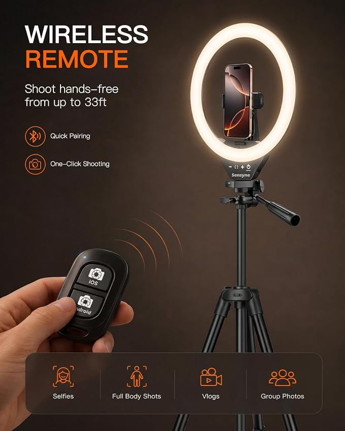 Sensyne Ring Light with Stand, 50" Phone Tripod for iPhone & Android, LED Ring Light with Remote, 3 Color Modes & 10 Brightness Levels for TikTok, Zoom & Video Recording - Image 6