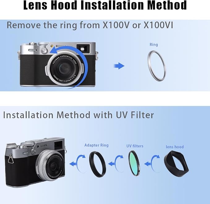 Metal Square Lens Hood (with Cap) with 49mm Adapter Ring for Fujifilm X100V/X100VI Camera Accessories (X100VI-Lens Hood-Black) - Image 8
