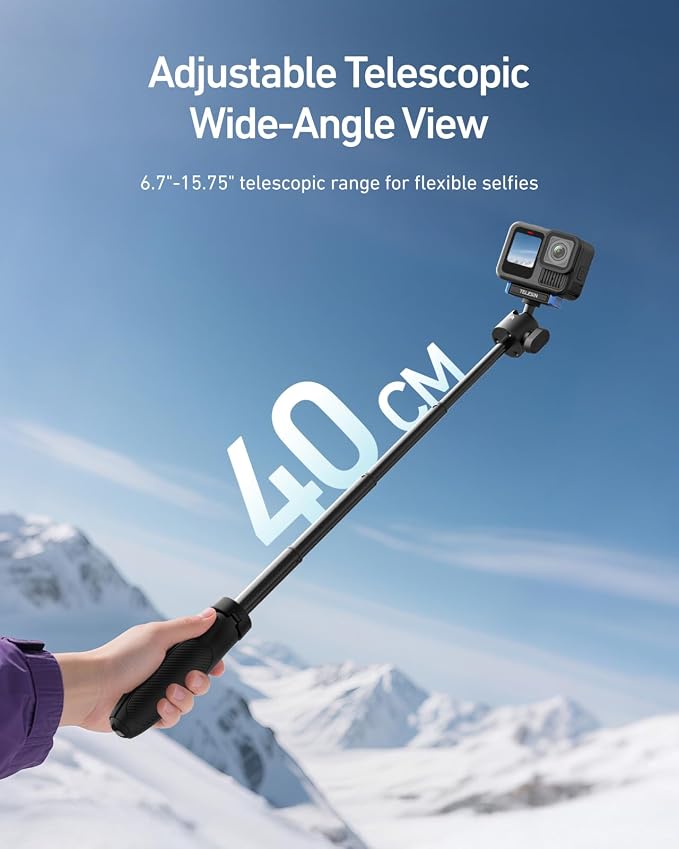 TELESIN 40cm/15.7in Mini Selfie Stick Tripod for Gopro 13 / Mission 1 Pro | Magnetic Quick Release, Anti-Slip Handle Grip, 360° Ball Head, Vlog Extended Pole for Go Pro Hero 13 Black Camera Accessories - Image 2