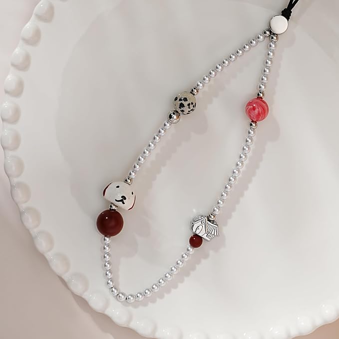 Cell Phone Charm Strap Pearl Beaded Lovely Camera Lanyard Wrist Aesthetic Dog Cute Chain Bracelet String Sweet Handmade Wristlet Accessory for iPhone Samsung All Smartphones Women Girls Cartoon Puppy - Image 9