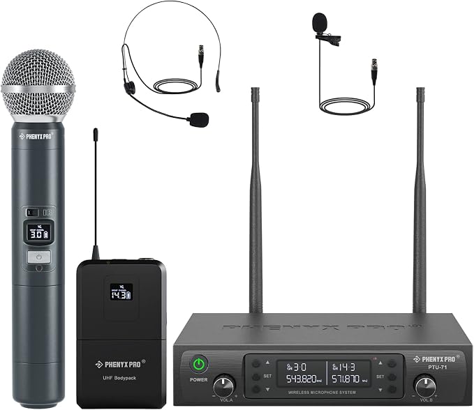 Phenyx Pro Wireless Microphone System, Dual Channel 100 UHF Metal Receiver, 328ft Range Auto Scan, Cordless Handheld & Bodypack & Lapel Mic Combo for Karaoke Church Speech PTU-71-1H1B | Quick IR Sync, Lapel Mic, 2 x 100 Frequencies, 328 ft Range, Karao... by PhenyxPro