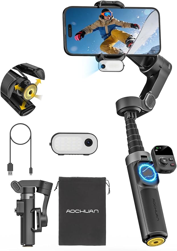 AOCHUAN AI Face Tracker Gimbal Stabilizer for iPhone w/Magnetic Remote | 360° Pan Rotation 3-Axis Gimbal for iPhone, Stabilizer w/Light, Built-in Extension Rod & One-Touch Open Tripod, Volg, Sport by AOCHUAN