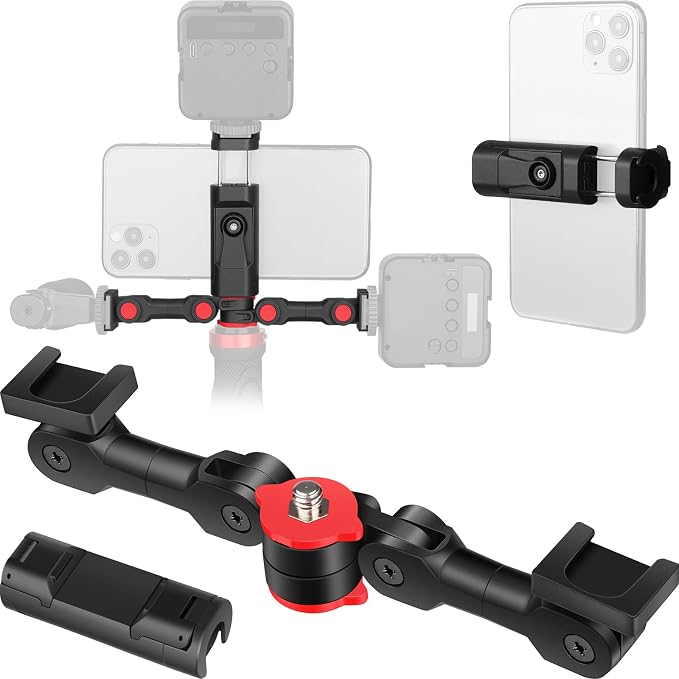 ChromLives Cold Shoe Mount Adapter with Phone Clip,Rotatable Dual Cold Shoe Extension Bracket Hot Shoe Mount Adapter for Led Light/Microphone by ChromLives