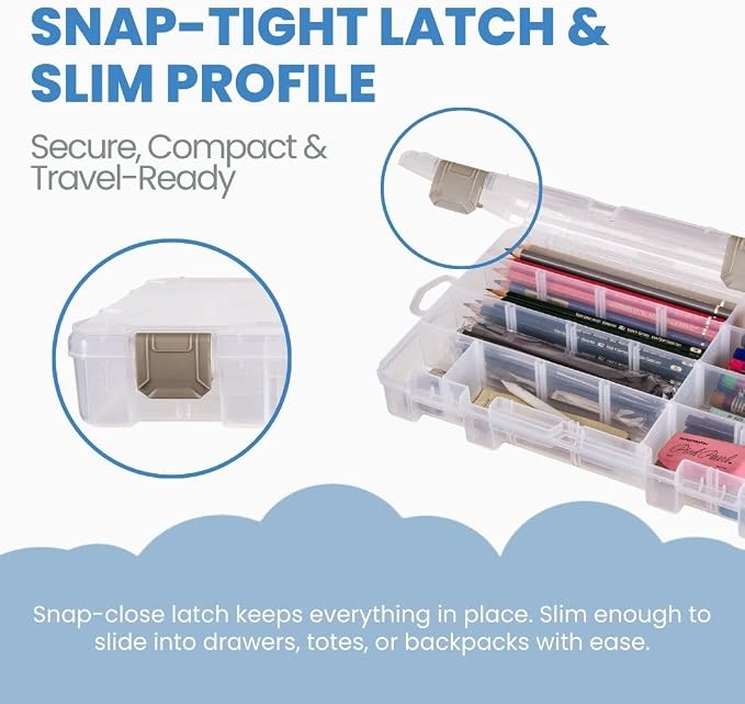 ArtBin Medium Solutions Box Craft Organizer with 12 Dividers, Clear | 12 Removable Dividers, 10.75 x 7.375 x 1.75 Inches, Secure Latches, Stackable, Clear Plastic - Image 5