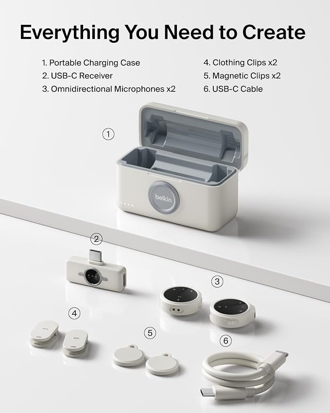 Belkin Stage Wireless Mini Microphone, Dual Lavalier Mic Set, Magnetic | 24-bit/48kHz audio, noise reduction, magnetic clip-on, 36-hour battery, for iPhone, Android, YouTube, vlogging - Image 2