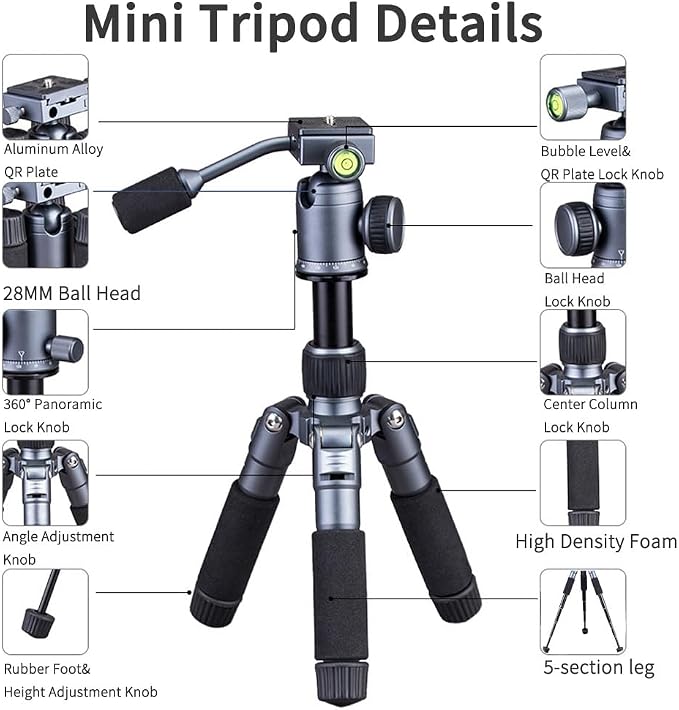 Portable Desktop Mini Tripod with Panning Handle, 20" / 52cm Desk Tabletop Aluminum Alloy Stand with 360° Ball Head, Compact Tripod for DSLR Camera Video Camcorder, Load up to 13lb / 6kg - Image 3