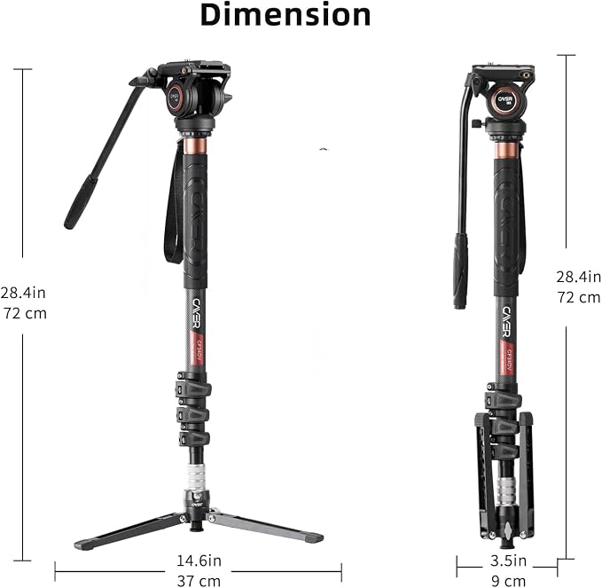 Cayer CF34 Carbon Fiber Monopod, 72" Fluid Head with Folding Base for DSLR | Carbon Fiber Monopod Kit, Fluid Head, Folding Support Base, 2 Quick Release Plates, Dual-Mode Compatible Mount - Image 9