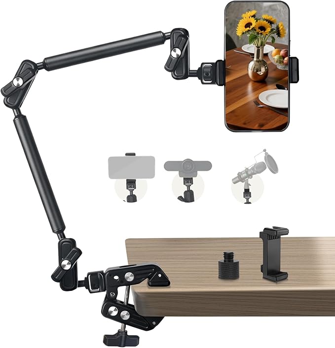 22" Magic Arm Clamp, Overhead Phone Mount Holder Stand, Flexible Desk Camera Mount, Articulating Friction Boom Arm with 1/4" 3/8" Threads for Phone, DSLR, Action Camera,Filming, Light, Webcam, Mic by JEBUTU