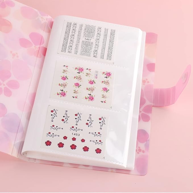 Fcozpjk 120 Slots Nail Stickers Storage Book Empty Stickers Album Holder | Pink Flowers Water Decals Collecting Stickers Display Showing Shelf Binder Case Manicure Tools Photo Collection Book - Image 6
