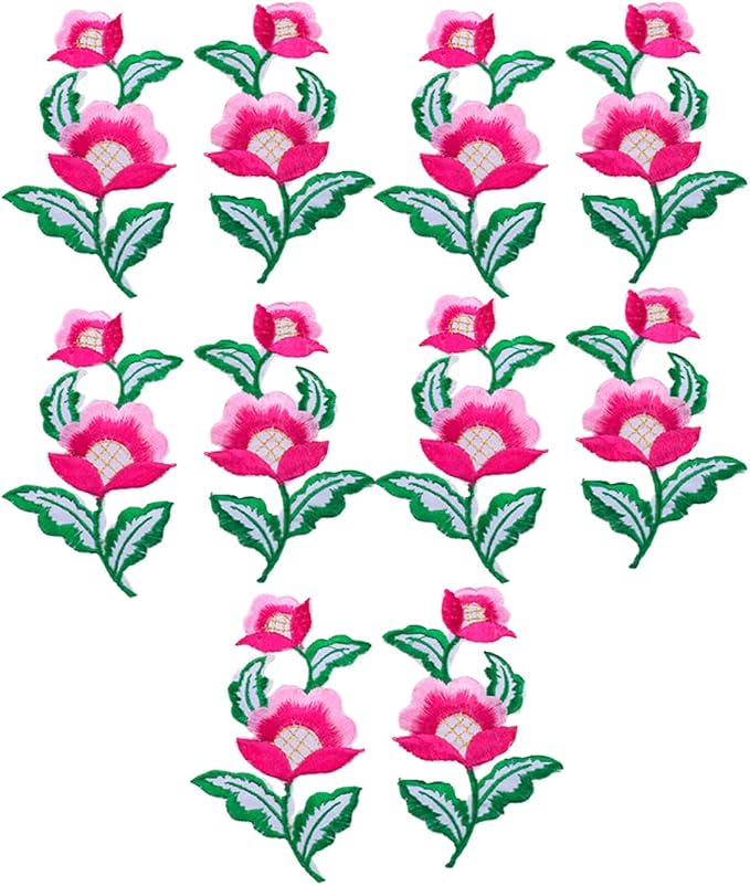 5 Pairs Floral Iron on Applique Flower with Green Vine Embroidered Patch for Collar Dress Accent Shoes Jeans Sewing Accessories Embellishment (Hot Pink) by MSCFTFB