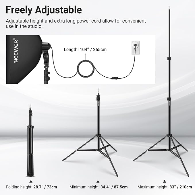 NEEWER 24"x24" 450W Equivalent Softbox Lighting Kit w Tripod Stand, NK104 | 45W Bi Color 2.4G LED Bulb, Remote, 10 Channels, 2900K-7000K 1400lx/1m CRI95, Studio Photography Recording Continuous Light - Image 6