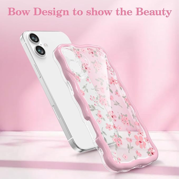 QLTYPRI for iPhone 17 Pink Flower Case, Clear Cute Pink Floral Flower Phone Case Curly Wavy Aesthetic Phone Cover, Soft Slim Transparent TPU Shockproof Protective Cover for Women Girls - Pink - Image 3