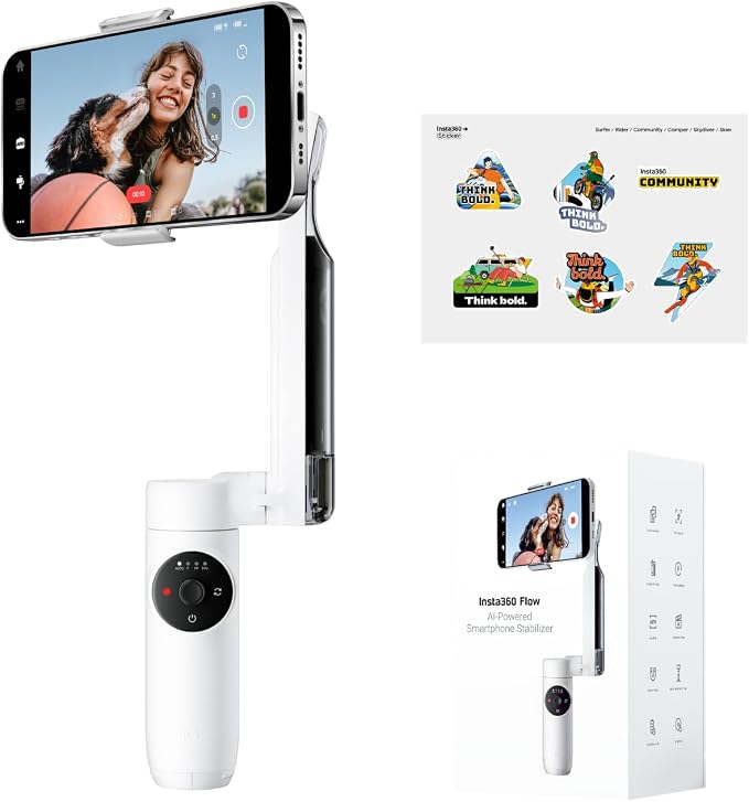 Insta360 Flow Gimbal Stabilizer for Smartphone, Official Sticker Kit - AI-Powered Gimbal, 3-Axis Stabilization, Built-in Tripod, Portable & Foldable, Auto Tracking Phone Stabilizer, Summit White by Unknown