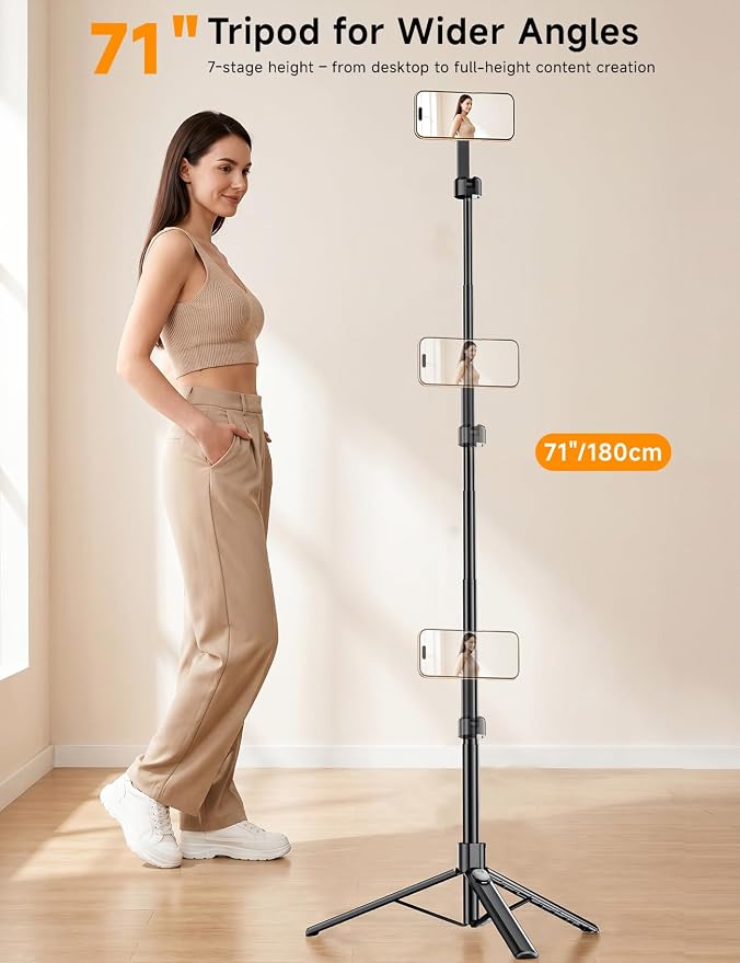 ANXRE 71" Magnetic Phone Tripod with Universal Clamp,N Mag3 Selfie Stick | Extra Tall, Rechargeable Remote, Comapct Phone Stand for Travel Vlogging Filming, Compatible with iPhone/Samsung/Android - Image 4