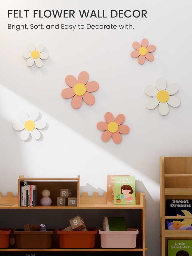 Fluxynara 6 PCS Daisy Felt Flower Wall Decor, Daisy Bulletin Board for Nursery & Girl Room, 3-Size Acoustic Felt Wall Art for Bedroom, Baby’s Room, Kids’ Spaces, Pink/White - Image 5