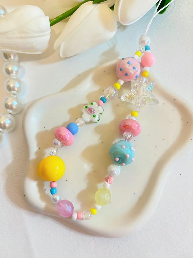 2 Pcs Phone Charm Strap Hand for iPhone Wrist Strap Camera Lanyard Pearl Beaded Cute Chain String Accessories Universal for iPhone 17 16 Pro 15 Samsung Women Girls Keychain Colored Beads and Shells - Image 8