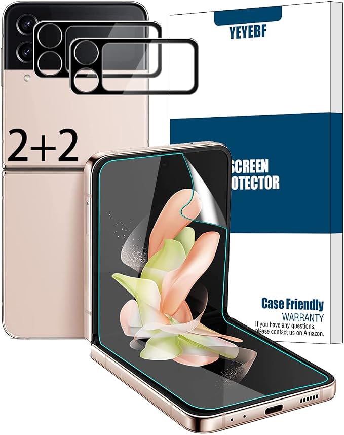 Galaxy Z Flip 4 5G Screen Protector + Camera Lens Protectors, [2+2 Pack] Full Coverage Screen Protector for Galaxy Z Flip 4 [Case-Friendly][Anti-Shatter][3D Glass] by YEYEBF