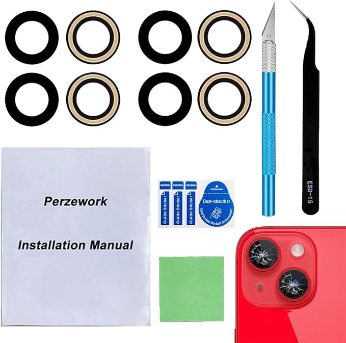 2 Set Back Rear Camera Lens Glass Replacement for iPhone 14 and iPhone 14 Plus with Reparing Toolkit by Perzework