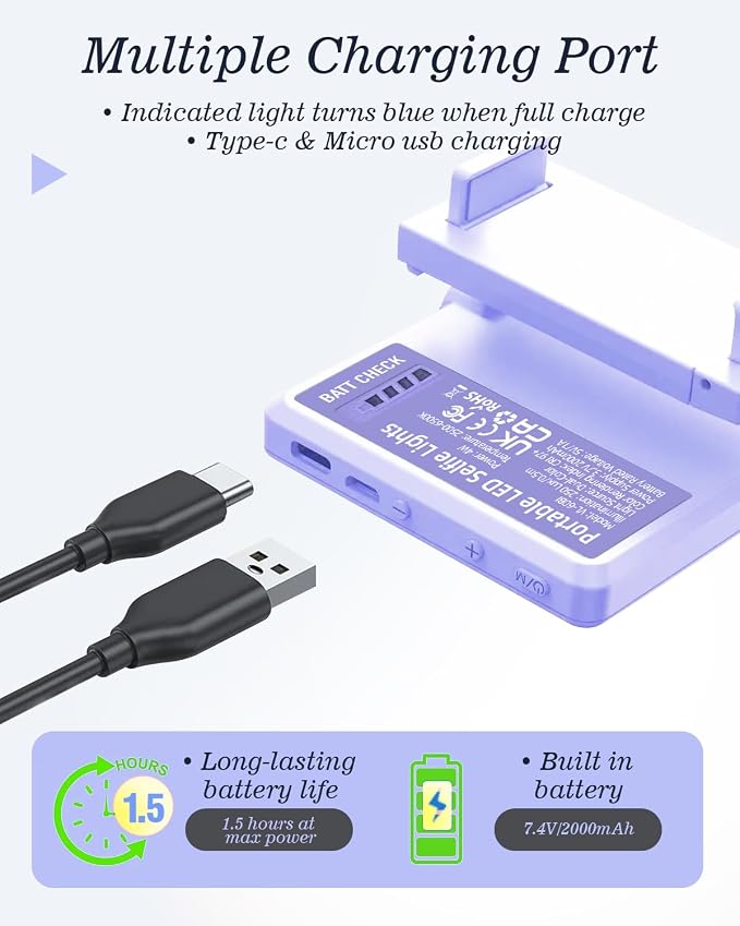 60 LED Portable Selfie Light Video Conference Lighting with Clip & Camera Tripod Adapter Rechargeable 2000mAh CRI 97+, 3 Light Modes for Phone iPhone Webcam Laptop Photo Makeup (Dreamy Blue) - Image 4
