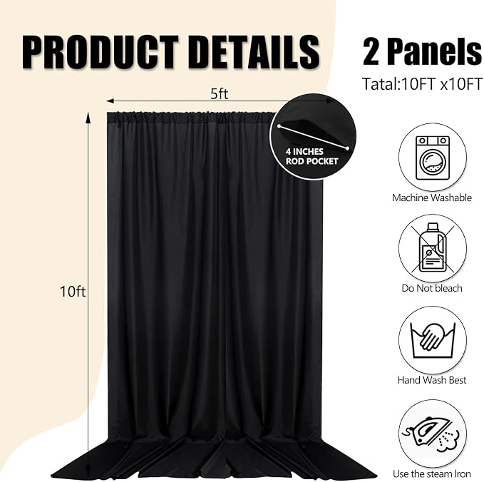 10ft x 10ft Black Backdrop Curtains for Parties, Polyester Fabric Backdrop Drapes with Rod Pockets for Weddings, Birthday, Halloween, Photography, Christmas Party Background Curtain, 2 Panels - Image 2