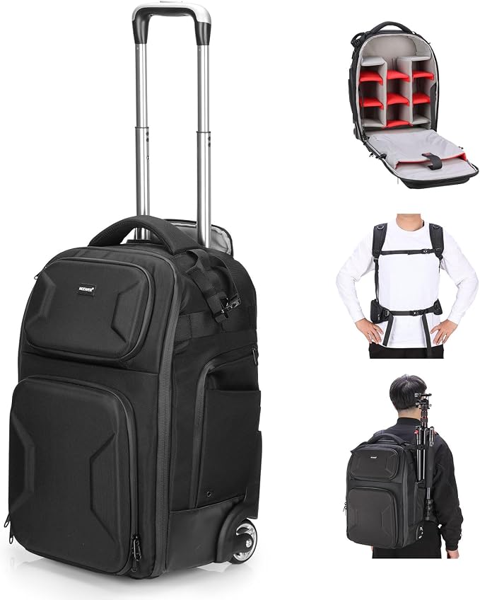 Neewer 2 in 1 Camera Roller Bag with Detachable Shockproof Dividers Retractable Handle Waistband Rain Cover Water Resistant Robust Carry On Backpack for Camera Tripod Flash Lens Laptop, Black, PB027 by Neewer