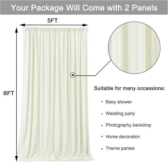 10 ft x 8 ft Wrinkle Free Ivory Backdrop Curtain for Wedding Parties, Polyester Ivory Photo Backdrop Drapes 2 Panels 5x8ft for Baby Shower Photoshoot Engagement Birthday Party Photography Background - Image 5