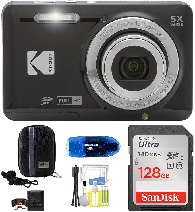 Kodak Pixpro FZ55 Digital Camera (Black) Bundle, Includes: SanDisk 128GB Memory Card, Hard Shell Camera Case, SD Card Reader and More (6 Items) by Unknown