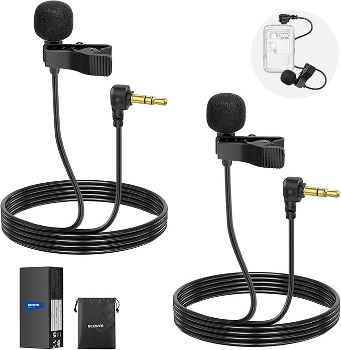 NEEWER Mini Lavalier Microphone (2 Pack), 6.6ft/2m Clip On Wired Condenser Lapel Mic with 3.5mm TRS Plug, Compatible with DJI Mic 2, Rode Wireless Go II, CM28 CM31 Camera, LM5 | Wired, Condenser, 3.5mm TRS Plug, Compatible with DJI Mic 2 Rode Wireless ... by Neewer