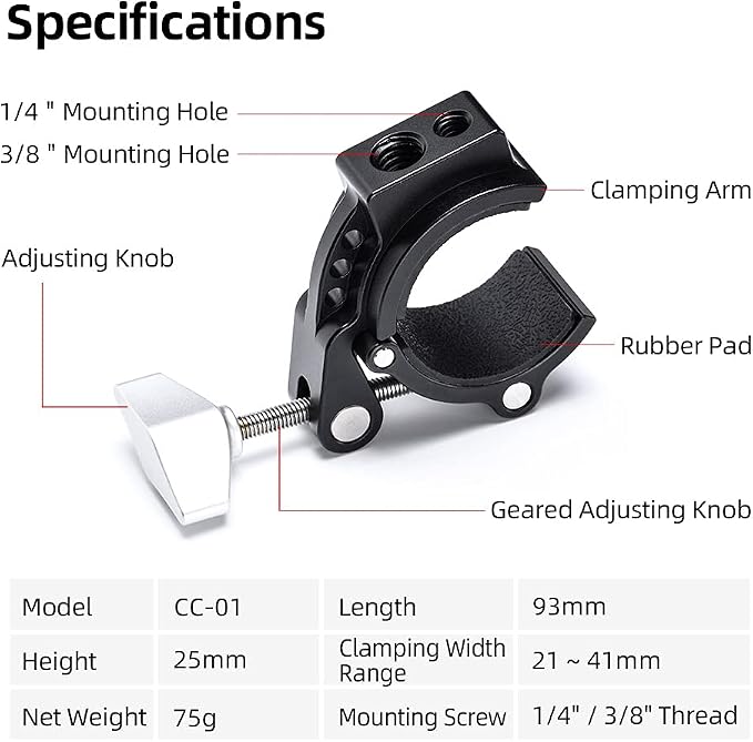 SunwayFoto Titan Tube Clamp CC-01 Accessory/Magic Arm Mount w 1/4" & 3/8" Sockets Ideal for 32mm & 36mm Legs - Image 8