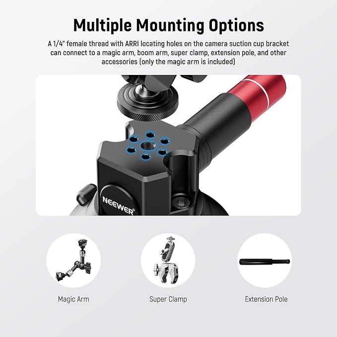 NEEWER 3" Suction Cup Camera Mount Bracket with Ball Head Magic Arm, CA104 | 1/4" ARRI Holes, Quick Release Car Mount, Phone Holder, Action Camera Adapter, Compatible with iPhone DJI Insta360 - Image 6