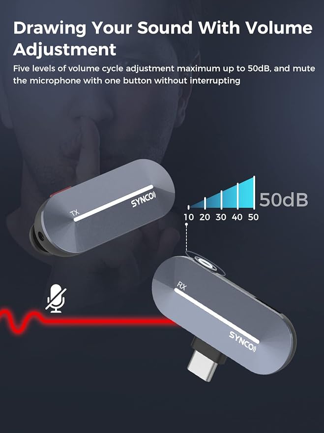 SYNCO Wireless Lavalier Microphone, 2 Mics for iPhone 15/16/17 Pro Max, USB-C Lapel Mic with Noise Cancellation, Charging Case, 150m Range, Real-Time Monitoring for TikTok, YouTube, Vlog & Streaming - Image 4