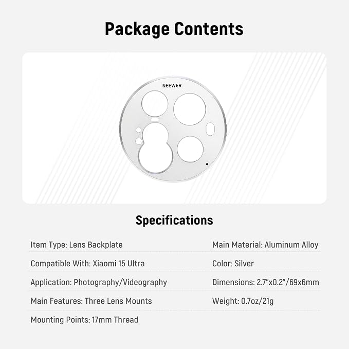 NEEWER 15 Ultra Lens Backplate, Aluminum Alloy 17mm Thread Phone Lens Adapter Holder for Main & Telephoto Cameras, Compatible with Xiaomi 15 Ultra Original Phone Case, PA111 (Silver) - Image 8