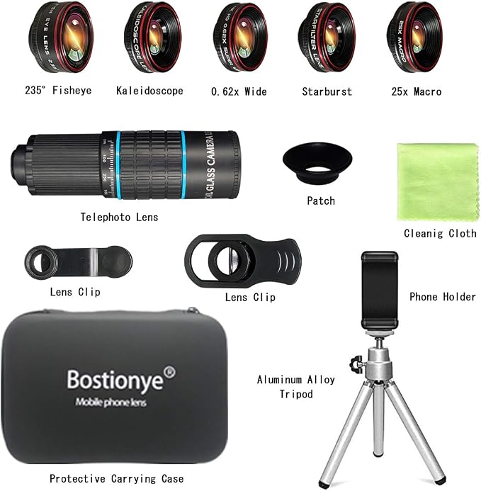 Phone Camera Lens Kit 10 in 1 for iPhone Samsung Pixel Android, 22X Telephoto Lens, 0.62X Super Wide Angle Lens&25X Macro Lens, 235° Fisheye,Kaleidoscopes, Starlight，Tripod，for Most Smartphone Black - Image 7