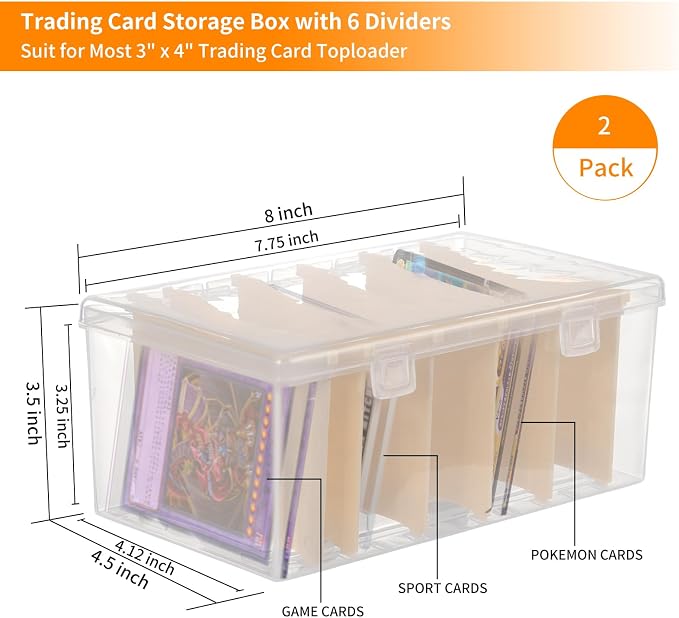Trading Card Storage Box with 6 Dividers,Toploads Storage Box Plastic Baseball Card Storage Box for 500+ Sports Cards 100+ Top Loads for MTG Magic TCG Yugioh Playing Card Case Holder (2 Pack) - Image 2