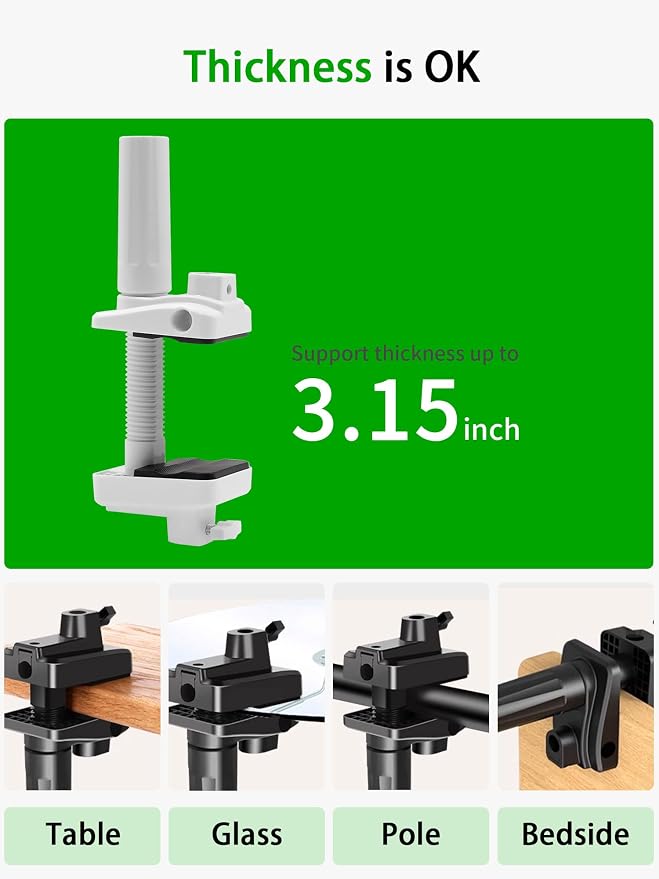 Desk Clamp Mount For Microphone Suspension Boom Scissor Arm Stand Holder, 5 Ways Boom Arm Insert Holes(12mm), Stable Installation on Tables/Beds up to 3.2 inches Thickness (White) - Image 4