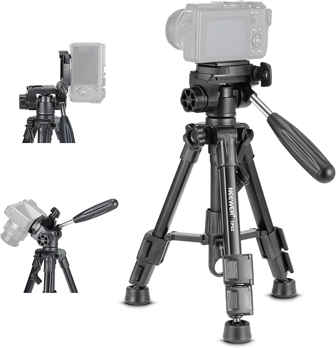 NEEWER Basic Mini Desk Tripod for Camera with 3 Way Pan Tilt Head & Handle, Small Portable Metal Tabletop Selfie Stick Stand with 1/4" Screw for DSLR Vlog Video Recording, Max Load 13.2lb, TP02 by Neewer