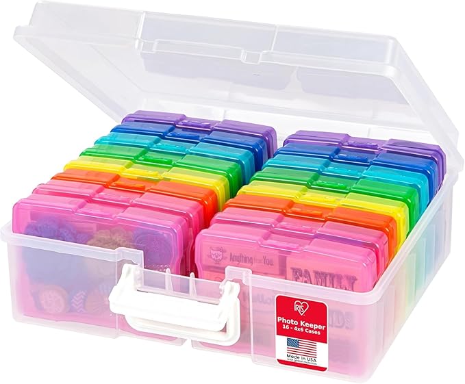 IRIS USA Photo Storage Box |Made in USA| 16 Cases - Clear/Multi | Fits 4" x 6" Pictures / Built-In Handle / Organizing Containers for Tasks, Stickers, Ephemera & Flashcards by IRISUSA