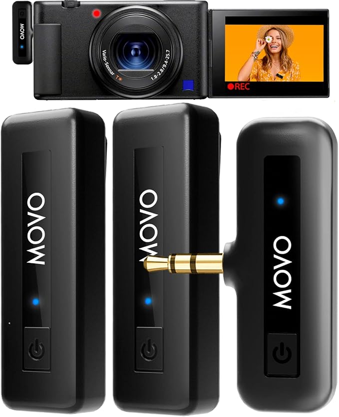 Movo Mini-Duo Wireless Microphones for Cameras, Wireless Camera Mini Mic - 3.5mm Lapel Microhone for Sony, Canon, and Nikon DSLR - 2.4Ghz Transmitter by Movo