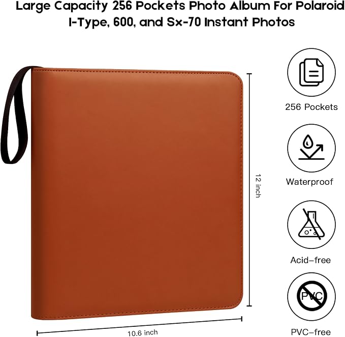 Veicevol 256-Pocket Album for Polaroid i-Type, 600 & SX-70 Photos, Brown | Designed for Fujifilm Instax Wide Photos, Water-Resistant PU Leather Cover, Zipper Closure, Securely Holds Up to 256 Photos - Image 3