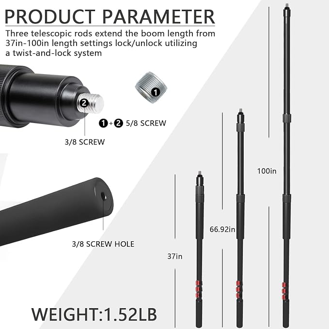 Handheld Boom Pole for Shotgun Mic, 3-Section Extendable Microphone Arm | Filming with 3/8" and 5/8" Threads, 3ft to 8.3ft Adjustable Length, Portable - Image 2