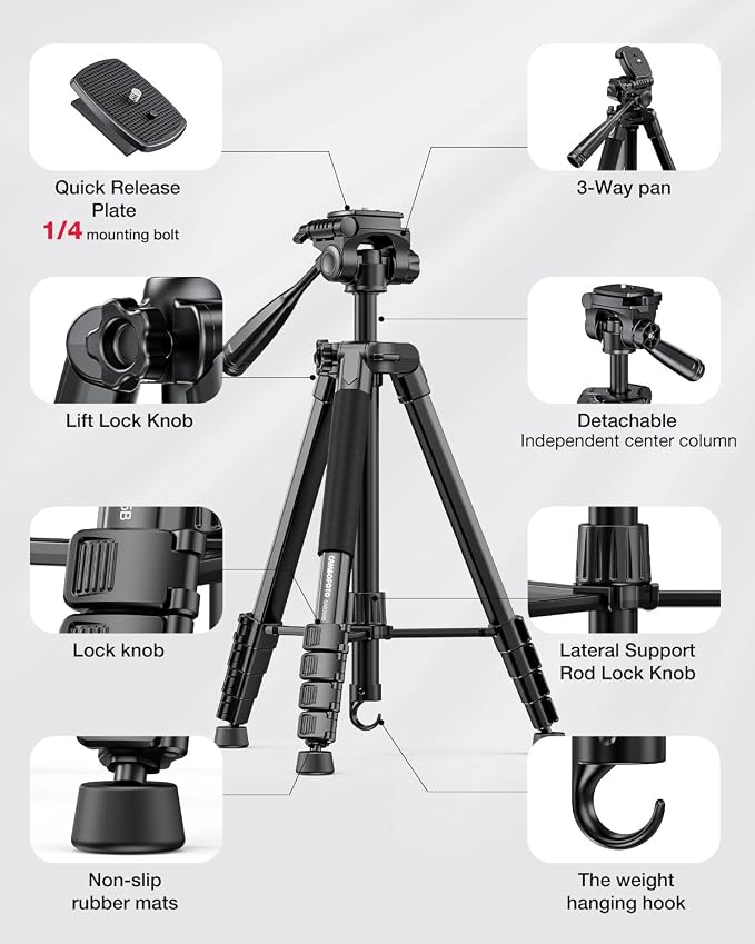 CAMBOFOTO 73" Camera Tripod and Monopod, Aluminum Tripod Stand/Black | for Professional Camera/Mirrorless/DSLR/Cell Phone/Camcorder/GoPro, with Phone Holder/Travel Bag - Image 6