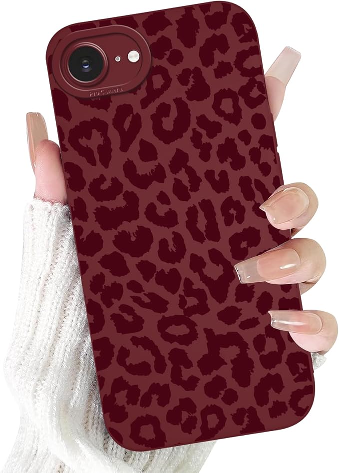 Cute Burgundy Cheetah Print Phone Case for iPhone 16e / 17e 6.1" | Aesthetic Leopard Pattern Design Cover Full Camera Lens Protective Shockproof Soft Slim TPU Funda for Women Girls by Unknown