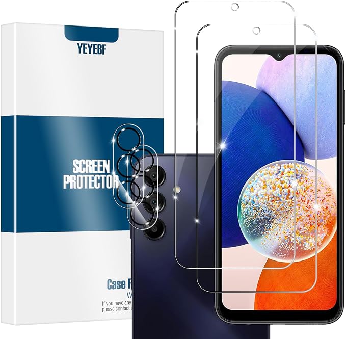 Galaxy A14 HD Clear Tempered Glass Screen Protector + Camera Lens Protectors, [2+2 Pack] [3D Glass] [Anti-Glare] [Bubble-Free] Screen Protector Glass For Samsung Galaxy A14 by YEYEBF