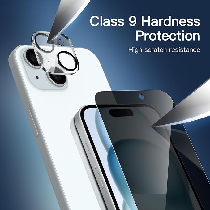 NEW'C 3x Privacy for iPhone 15 Screen Protector (6.1 inches)+ 3x Camera Lens Protector, Sensor Protection, Case Friendly Tempered Glass Film + Dust Plug - Easy installation tool included | Sensor Protection - Image 6