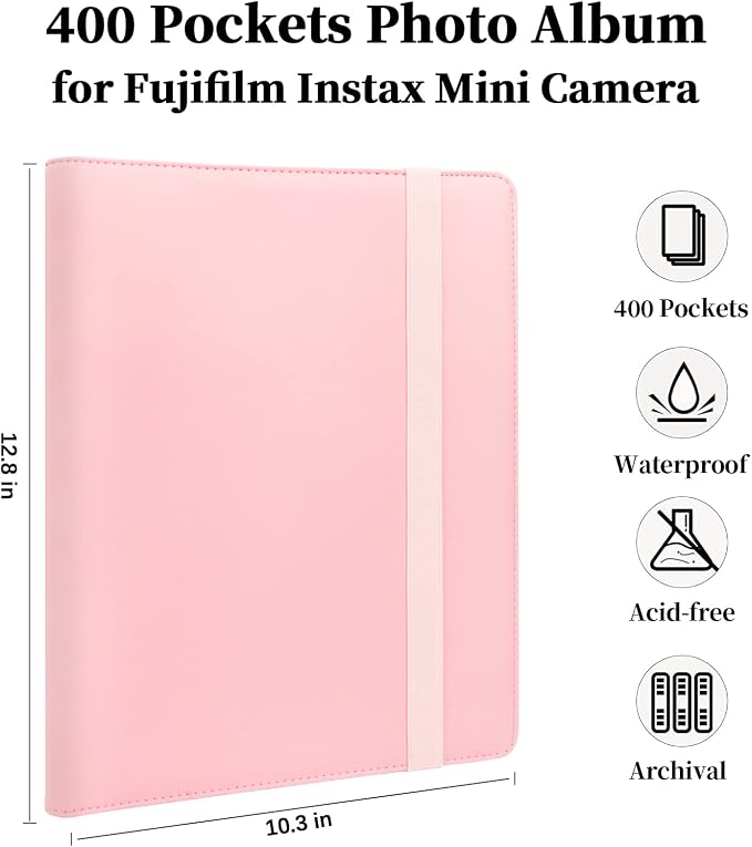 Veicevol 400-Pocket 2x3 Photo Album for Instax Mini and Polaroid, Pink | PU Leather Cover Keeps, Fits Instax Mini and Polaroid 2x3 Photos, Protects Travel, Wedding and Family Memories - Image 2