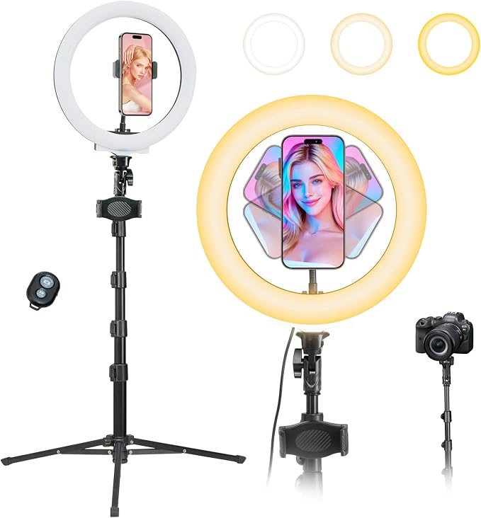 10" Ring Light with 66'' Tripod Stands, 2 Phone Holder & Remote | 3 Color & 10 Brightness Level, Circle Ring Lights for Live Stream, Makeup, TikTok, YouTube, Compatible with iPhone & Android by NiceFoto