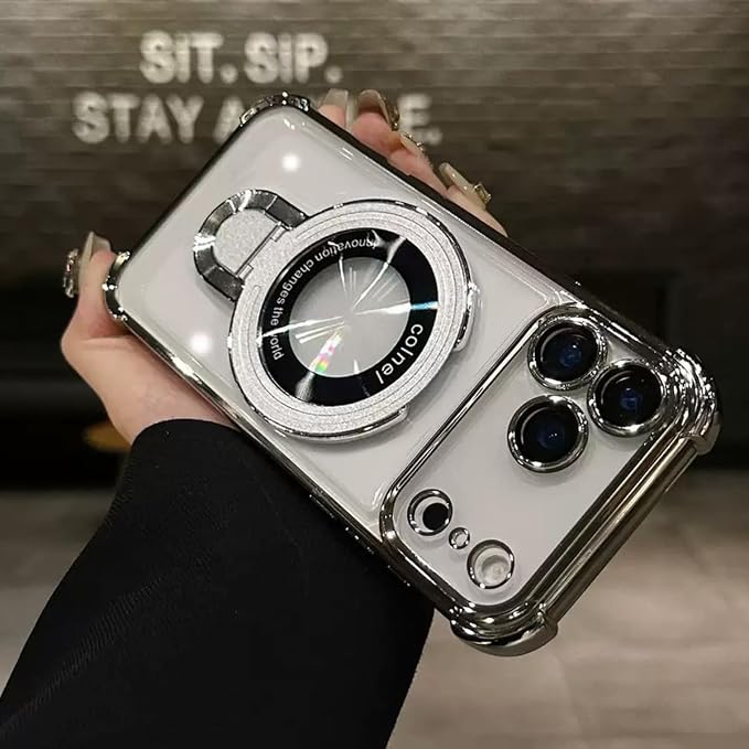 For iPhone 17 Pro Max Clear Case with Magnetic Ring Stand, [Compatible with MagSafe] Shockproof Kickstand Plating Soft Case Camera Lens Protector Girls Phone Cover for 17 Pro Max 6.9", Silver - Image 6